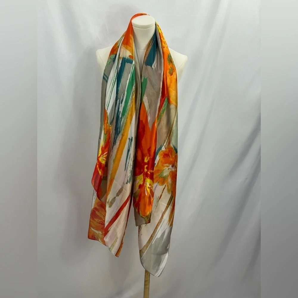 Kollie More Oversized Floral Stripe Scarf Wrap 70x34 Viscose Gray Beach Saron